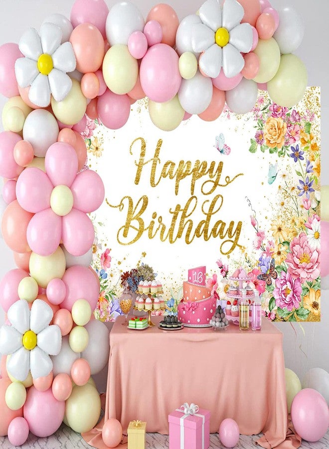 Mocsicka Happy Birthday Banner Pink Floral Wildflowers Birthday Party Decorations for Women Girls Party Photography Backdrop Supplies (Pink, 70.8 x 43.3 Inch) - Image 4